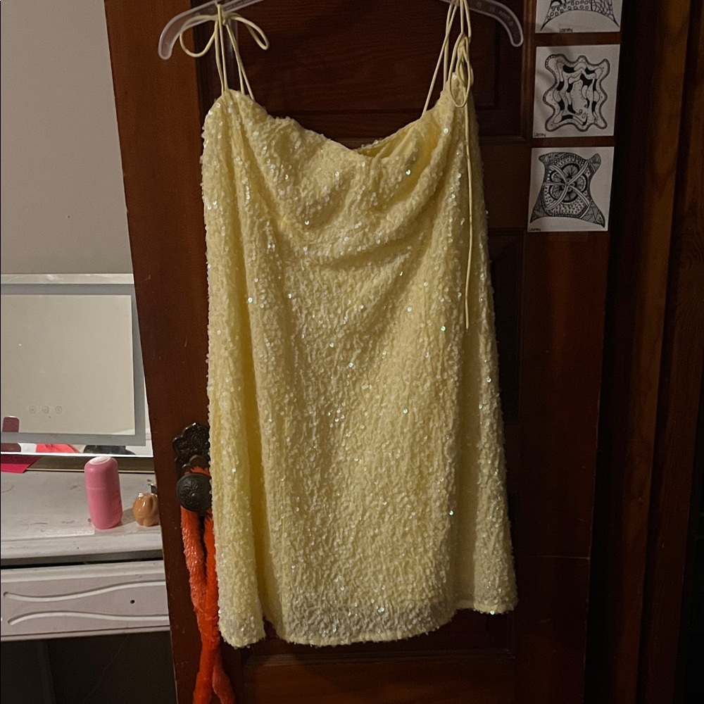 Yellow Sequin Spaghetti Strap Dress